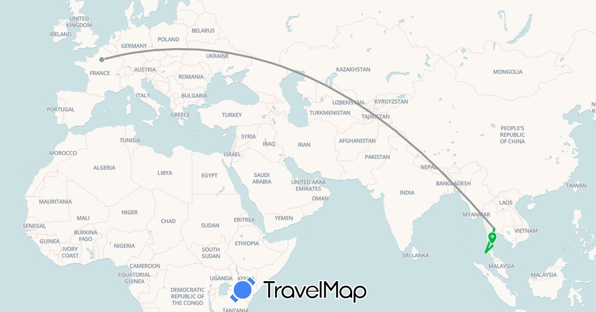 TravelMap itinerary: bus, plane in France, Thailand (Asia, Europe)